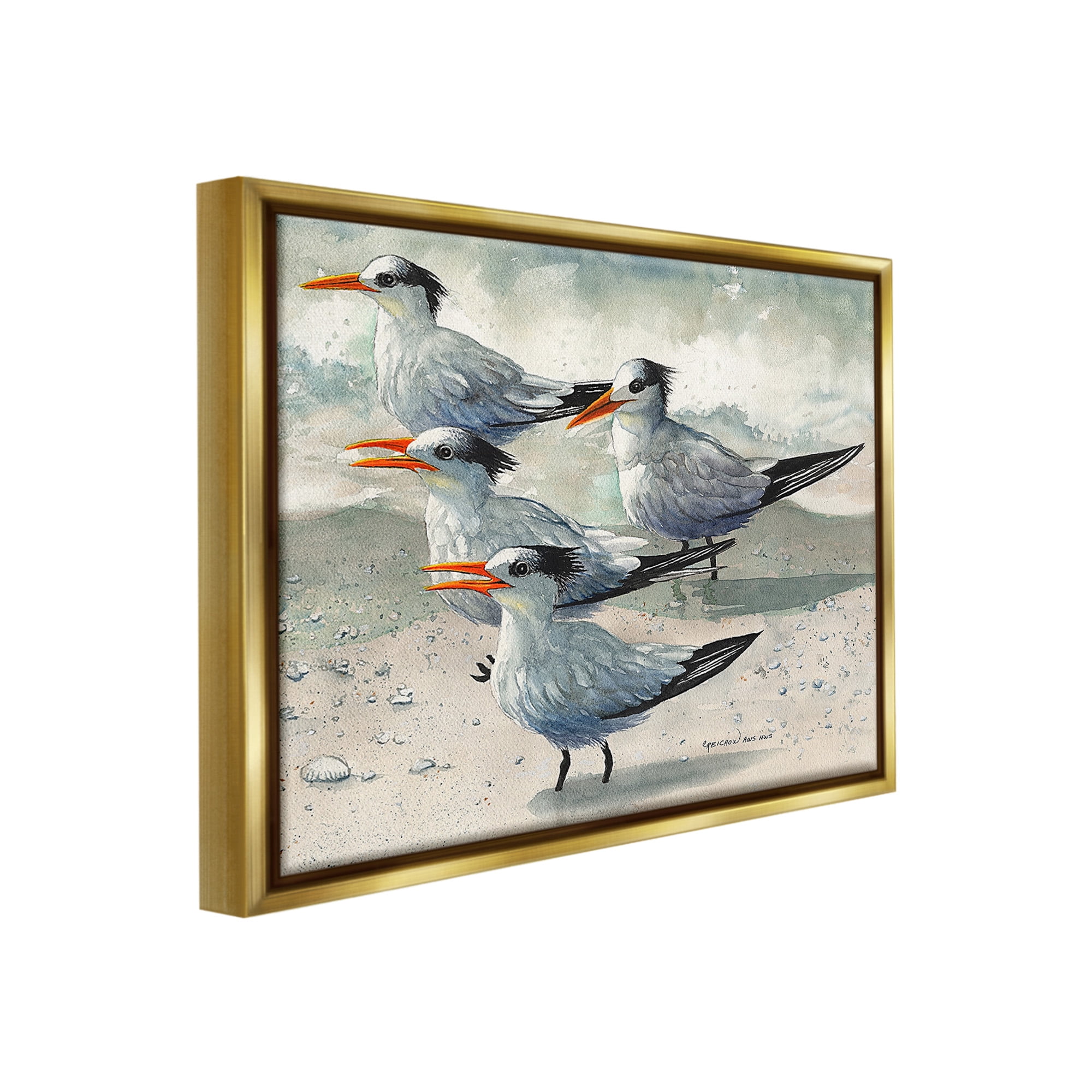 Stupell Industries Chirping Beach Birds Animals & Insects Painting Gold Floater Framed Canvas Art Print Wall Art, 21 x 17