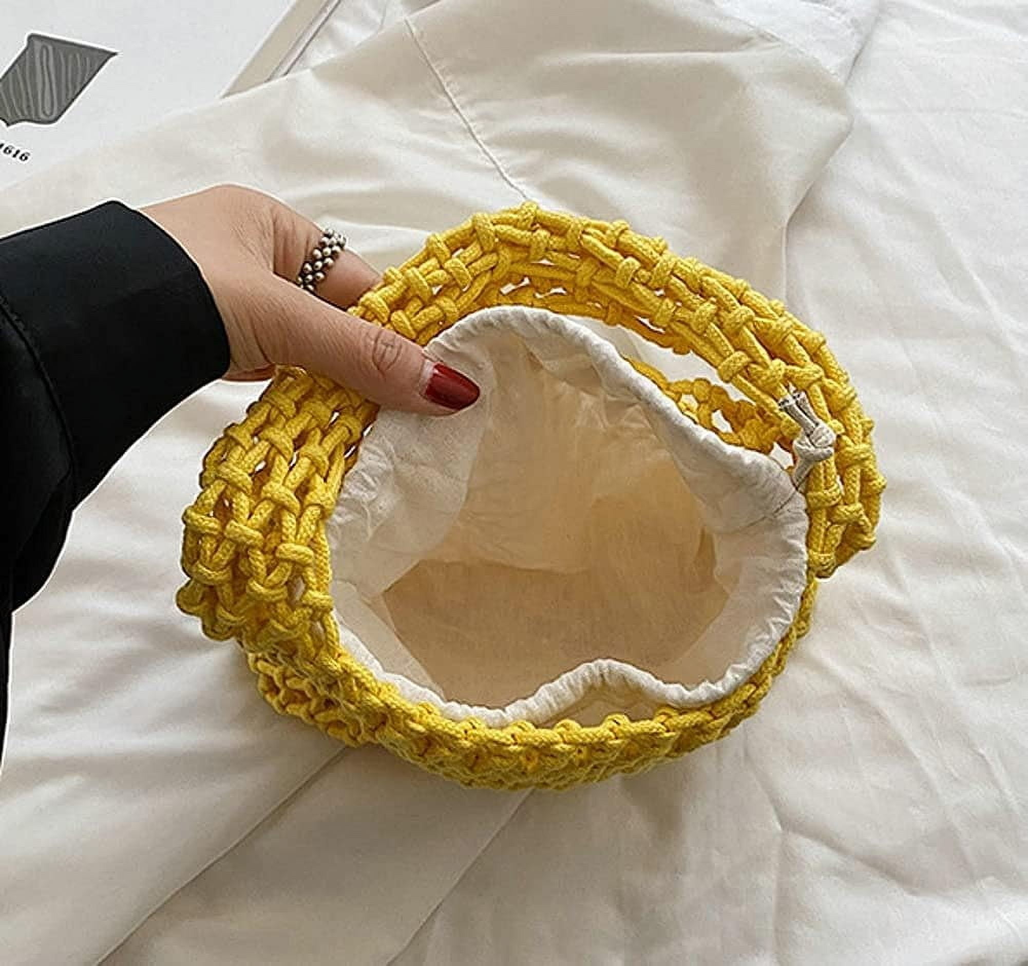 Kukuzhu Women Small Crochet Tote Handbag Cotton Top Handle Bag Summer Mesh Beach Bag Drawstring Fishing Net Bag Clutch Handbag