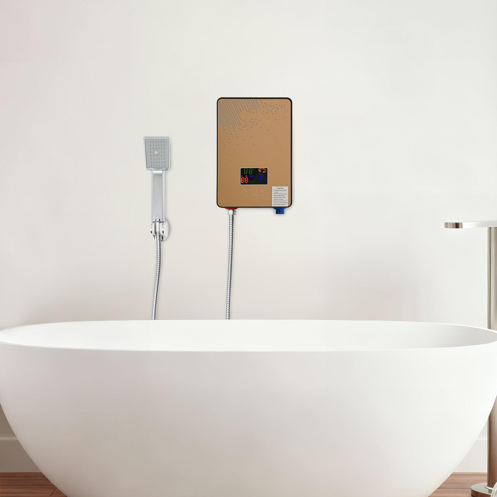 Peakora Electric Tankless Water Heater Gold 4500w Residential Instant Water Heater Electric LED Display with Shower Adjustable Instant Hot Water Heater for Bathrooms Hairdressing Salons Hotels