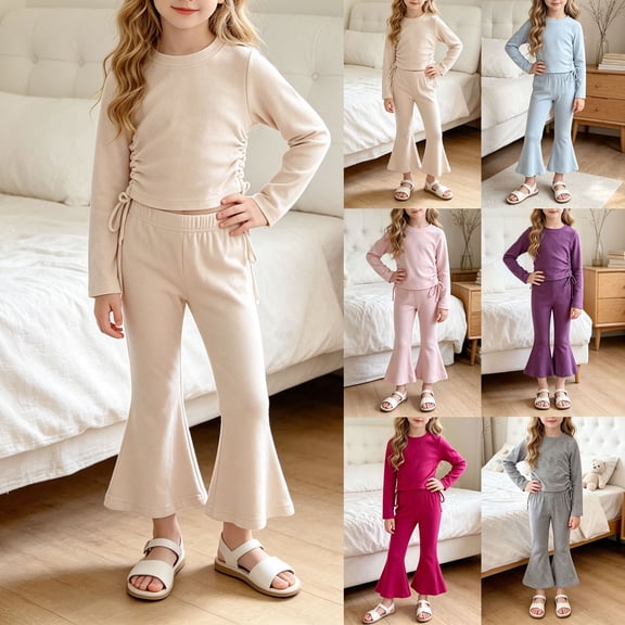 Pandaie Girls Drawstring Crop Blous Top Flare Pants 2 Piece Set Solid Color Stretch Long Sleeve Casual Fashion Tracksuit Beige,2-3 Years