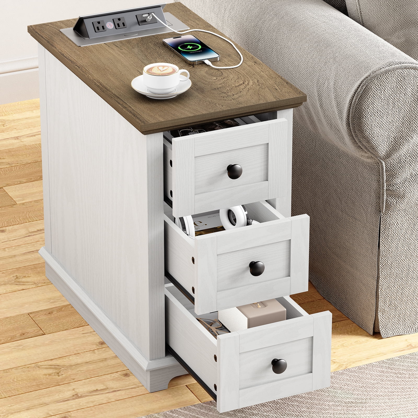 FAGAGA End Table with 3 Drawers for Living Room,Nightstand Sofa Side Table with Charging Station,White