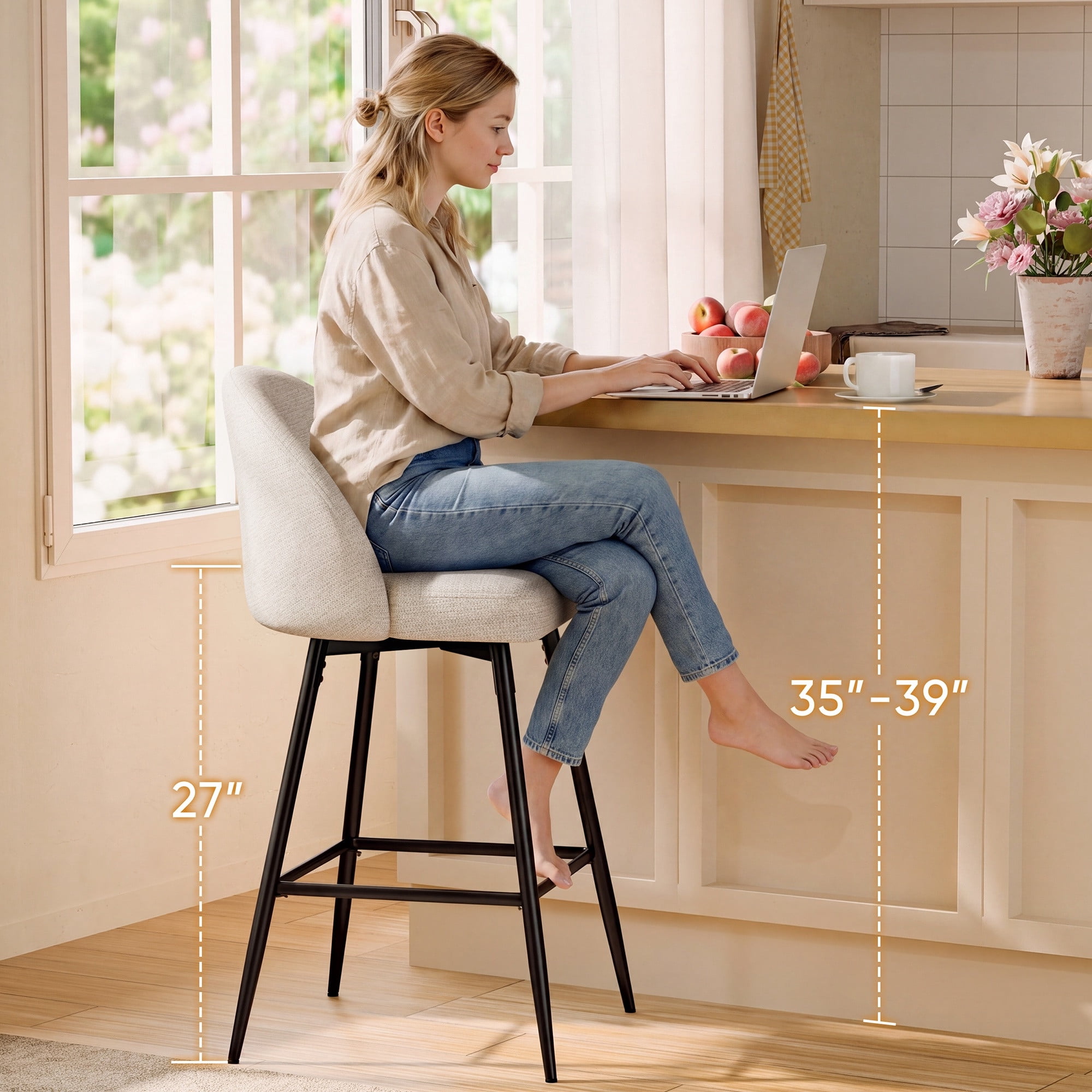 CDCASA Swivel Counter Height Bar Stools Set of 3, 27" Seat Height Modern Barstools with Back and Metal Legs, Chenille Upholstered Kitchen Island Chairs, Beige