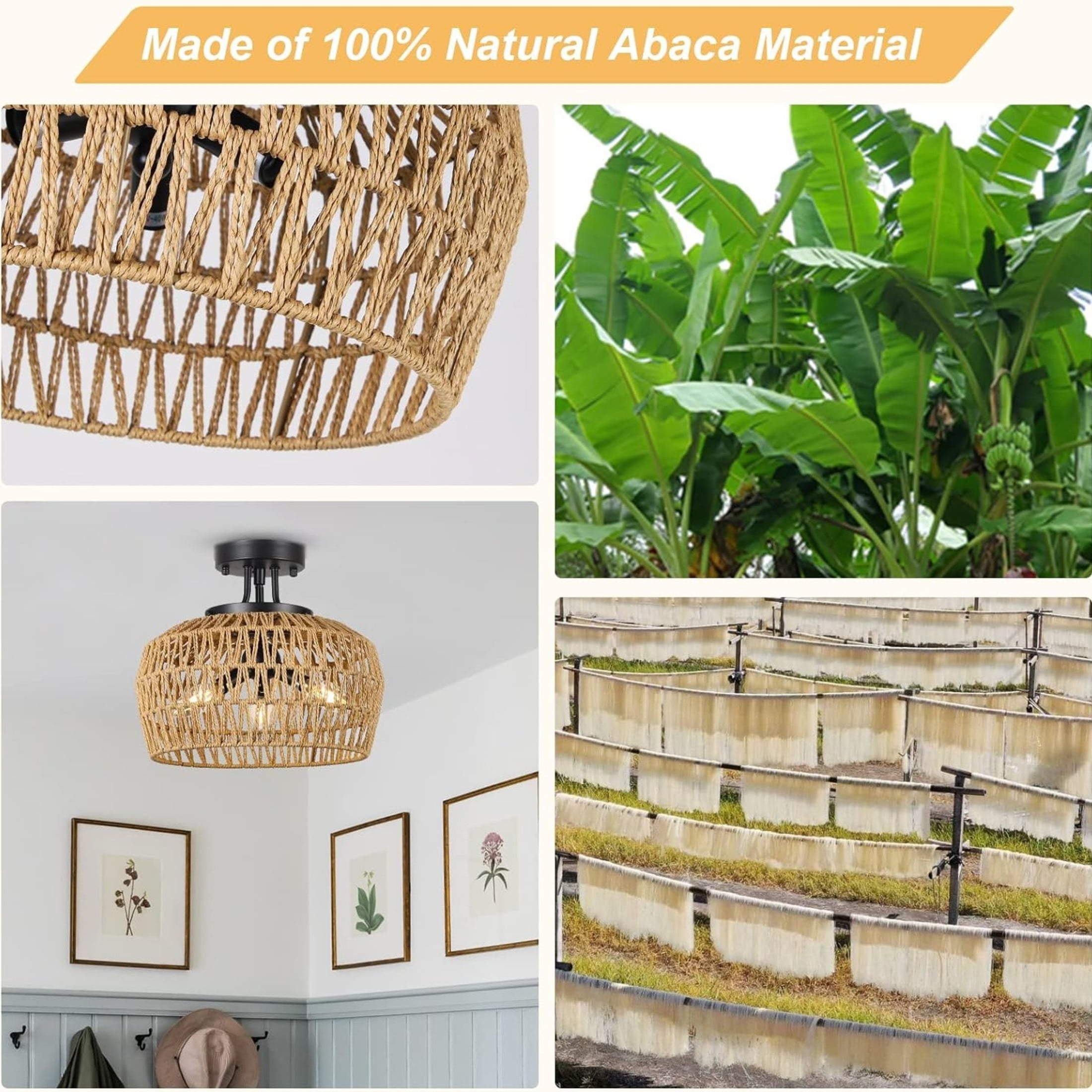 Noble House 12.6" Boho Rattan Semi Flush Ceiling Light, Natural 3-Light Wicker Close to Ceiling Fixture, Brown