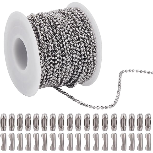 Cadenas de bolas de plata de 20 m, eslabones de cadena de cuentas a granel, conectores de cadena de bolas de acero inoxidable, cierres, rollos de cadenas de bolas redondas largas.