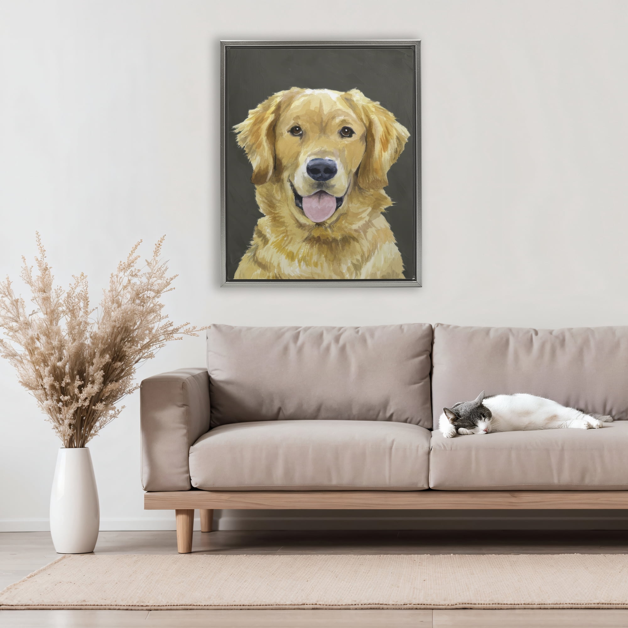 Stupell Industries Joyful Golden Retriever Portrait Gray Framed Floater Canvas Wall Art, design by Lil' Rue