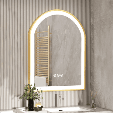 LUVODI 23.32 x 35.43 Inch Gold Arched LED Bathroom Mirror Wall Bathroom  Aluminum Frame Vanity Mirror with Dimming Lights Anti-fog