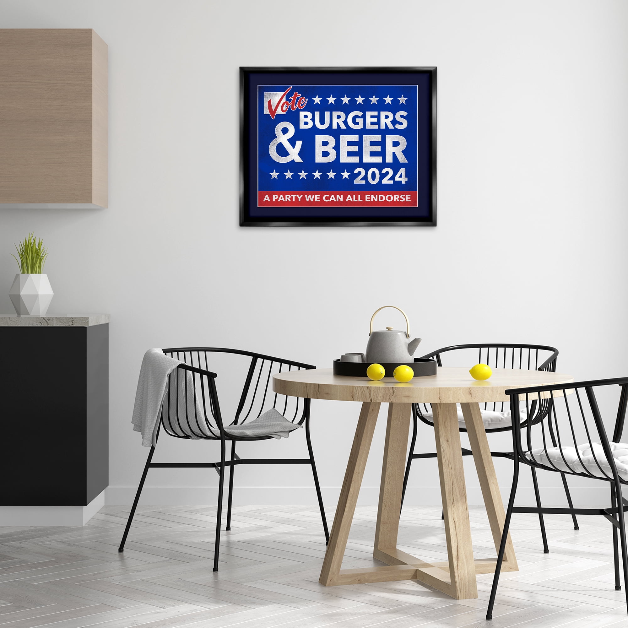 Stupell Industries Burgers & Beer Vote Food & Beverage Painting Black Floater Framed Canvas Art Print Wall Art, 31 x 25