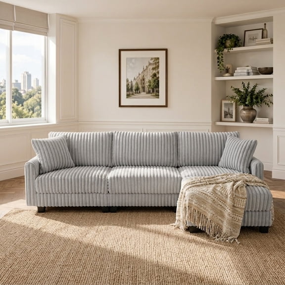 Avobird 100-inch L-shaped Sofa with dual charging ports at the arms, Corduroy Fabric, Upholstered Deep Seat Couches for Living Room, Gray