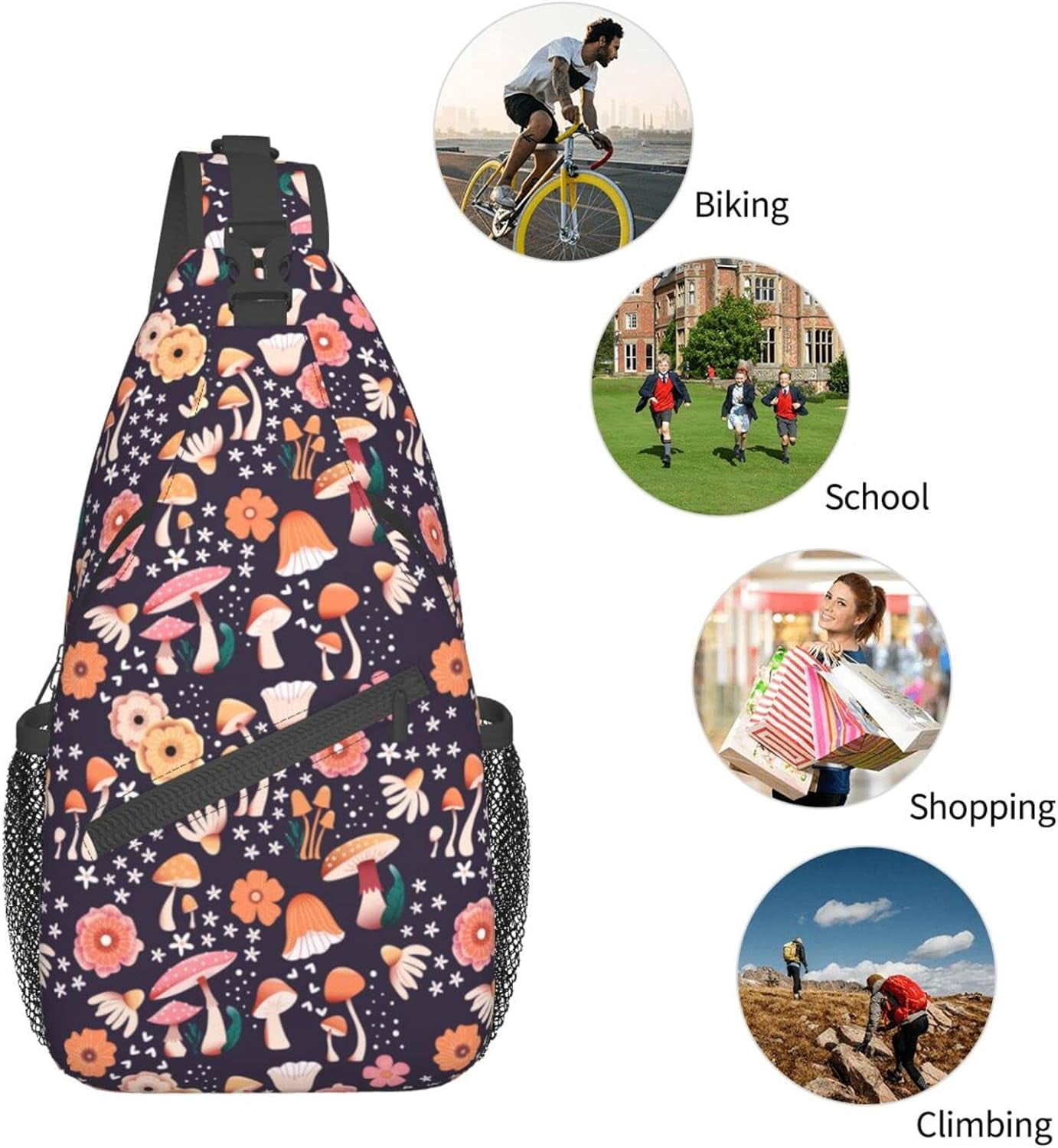 Cute Mushroom with Flower Sling Bag Crossbody Hiking Travel Chest Bags Backpack Shoulder Daypack for Women Men