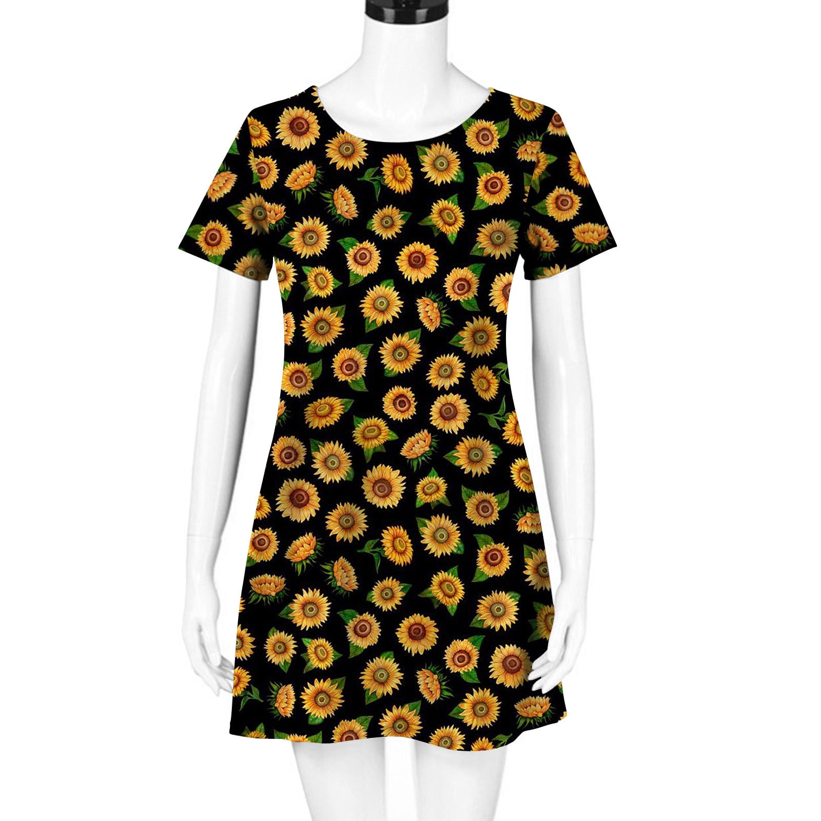 Kiplyki Clothing Deals Women s Casual Plain Loose Short Sleeve Loose Dress Floral Print Sunflower Print Dress Walmart Business Supplies