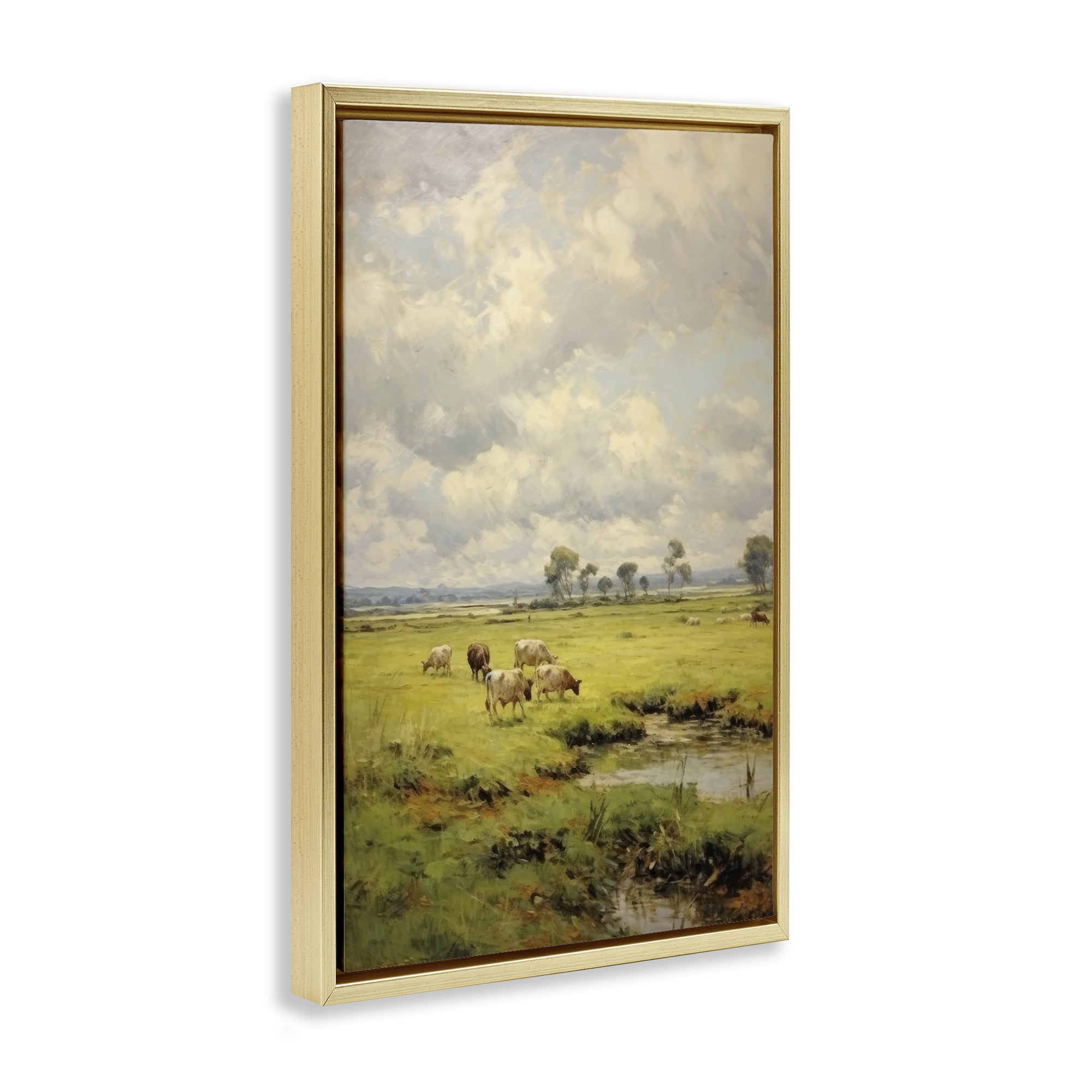 Stupell Industries Grazing Cows Countryside Landscape Painting Gold Floater Framed Canvas Art Print Wall Art, 17 x 25