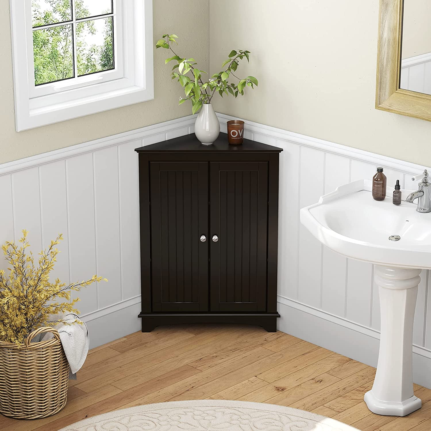 Spirich Corner Cabinet, Free-Standing Modern Storage with Adjustable Interior Shelf and Three Shelves, Espresso Wood