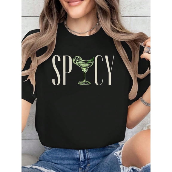 Retro Spicy Margarita Graphic Tee Funny Summer Party Women's Short Sleeve T-Shirt Cute Cocktail Illustration Top