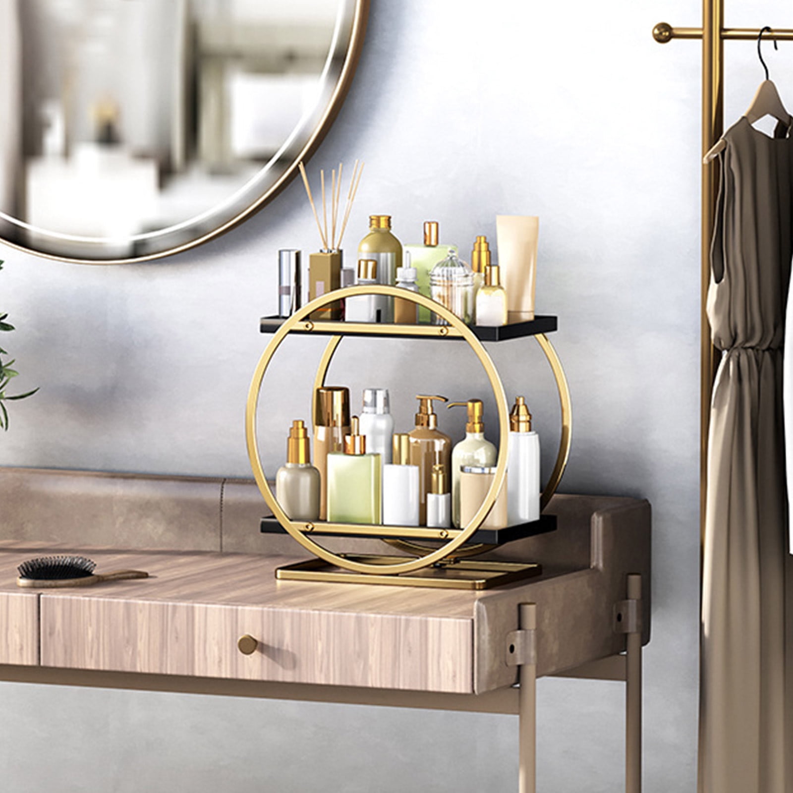 Cosmetic Organizer Storage Shelf, Multi-tier Open Design, Gold Stainless Steel, Countertop Vanity Tray, Bathroom Kitchen Dresser Decor, Topliu