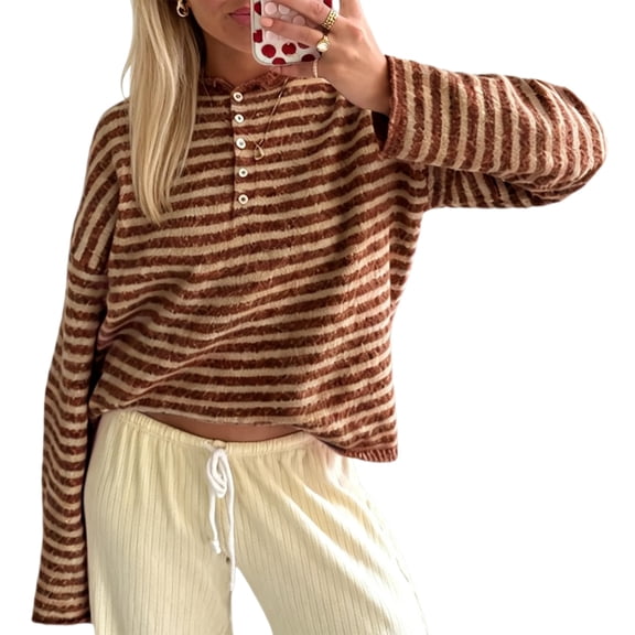 Womens Striped Knit Sweater Long Sleeve Half Button Pullover Top Oversized Casual Fall Knitwear