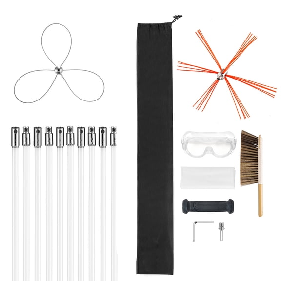 KFFKFF 33 ft Extendable Chimney Cleaning Kit with Dual Brush Heads, Includes Brush & Goggles, Suitable for Square, Rectangle, and Arch-Shaped Chimneys