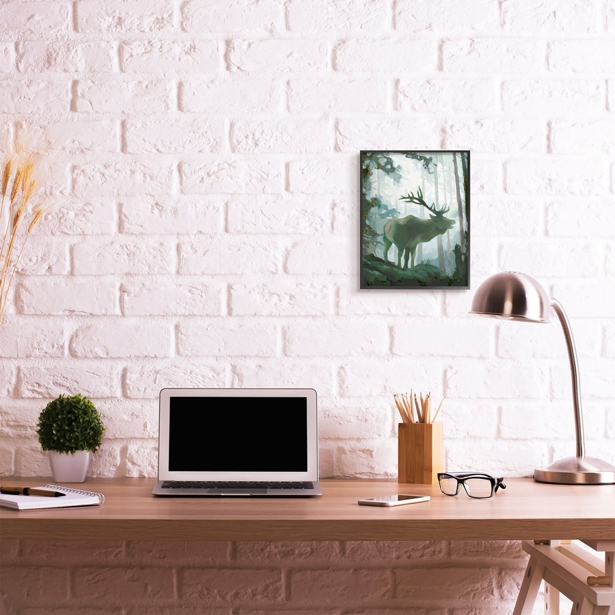 Stupell Industries Elk Wilderness Silhouette Deep Green Forest Animal Grey Framed, 16 x 20, Design by Jacob Green