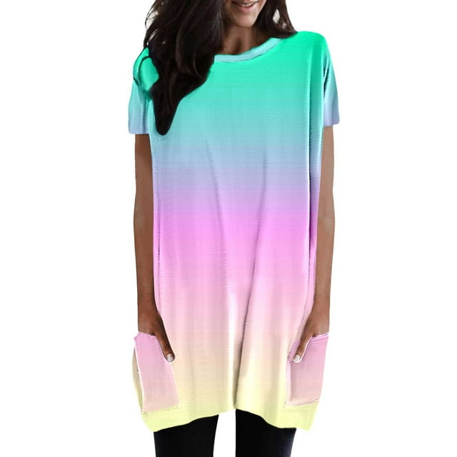 WEIYLL T-Shirts Women Summer Loose Pullover Gradient Short Sleeve Tunic With Pockets Mint Green Tee Sizes S
