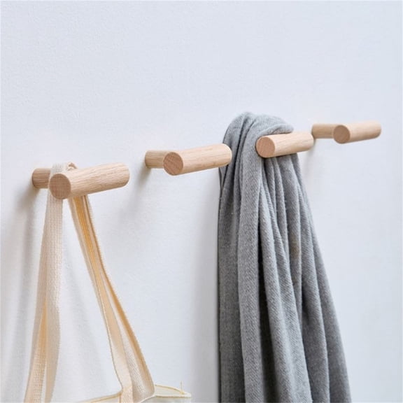 Solid Wood Wall Hooks with Natural and Walnut Finish, T Shaped Towel Rack and Coat Hook for Bathroom, Kitchen and Entryway, Easy Install