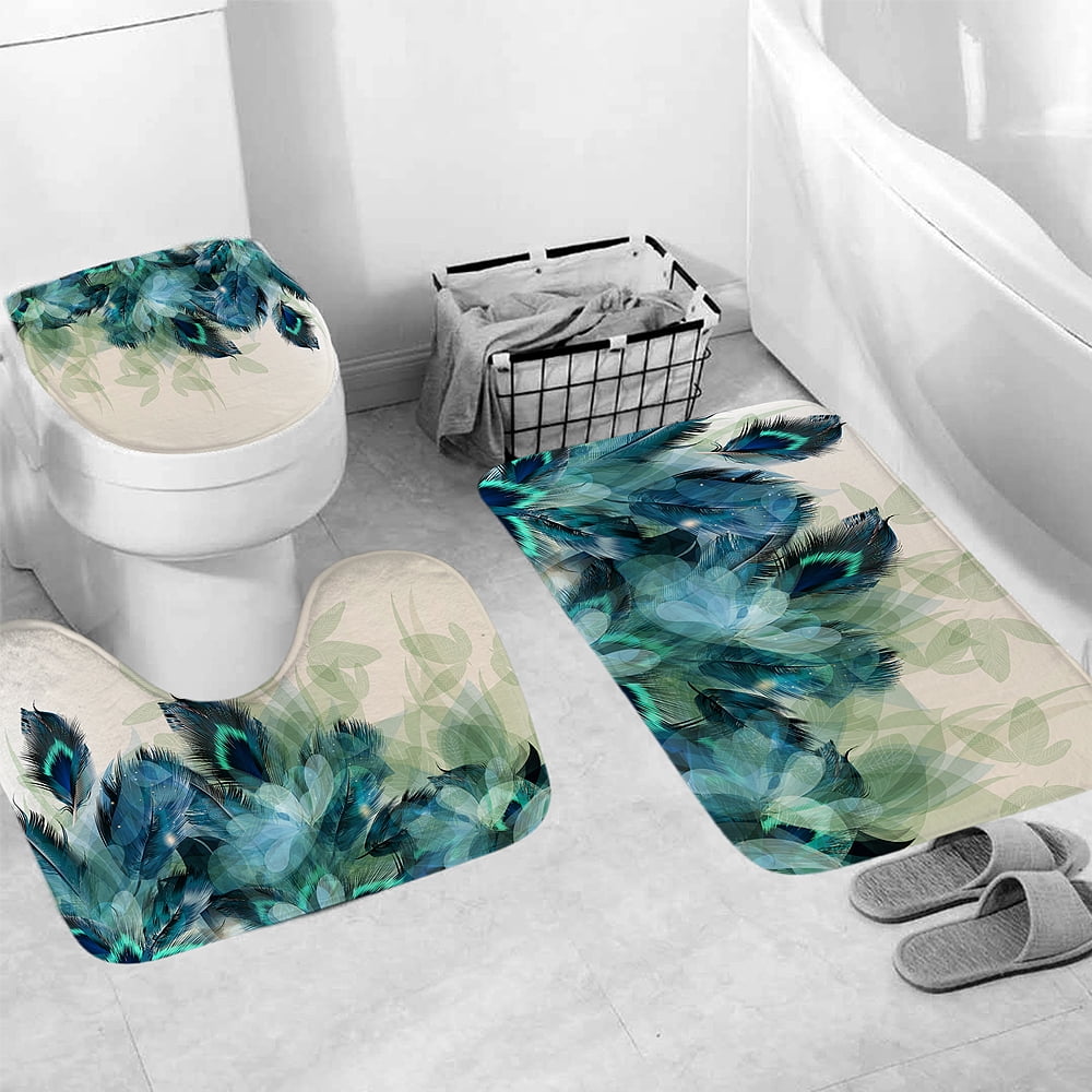 3Pcs Bird Feather Printed Carpet Toilet Seat Cover Floor Mat Bathroom Rugs Set 
