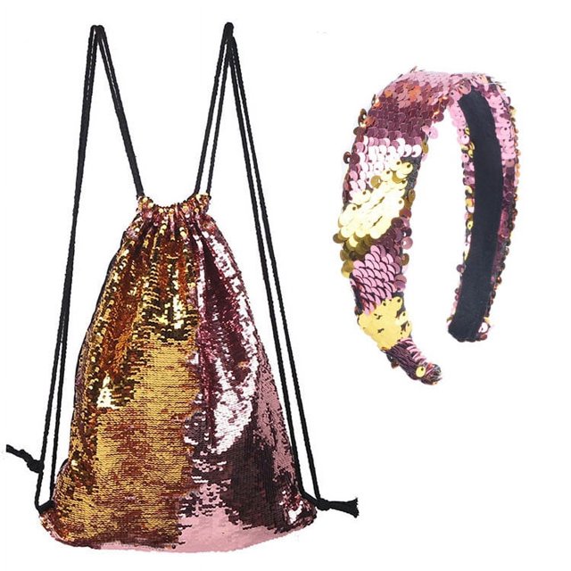 Conjunto de diadema con lentejuelas de sirena, bolso deportivo, mochila con cordón, bolso de maquillaje para exteriores