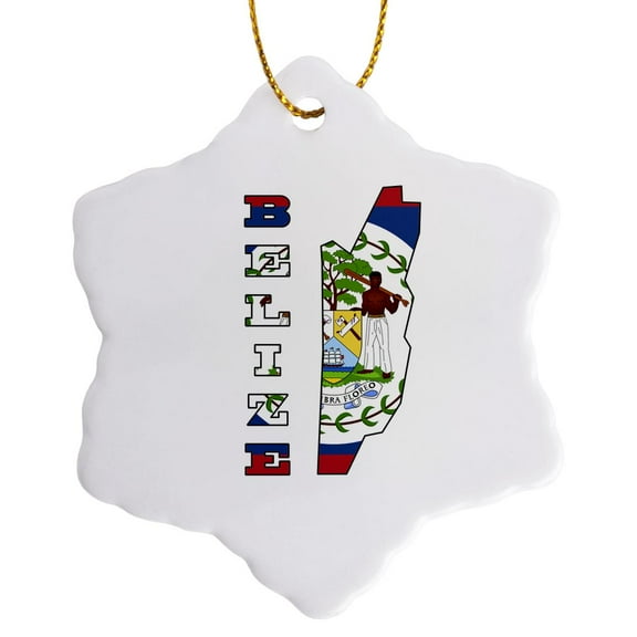 3drose, the Flag of Belize in the Outline Map and Name of the Country of Belize, 3 inch Snowflake Porcelain Ornament