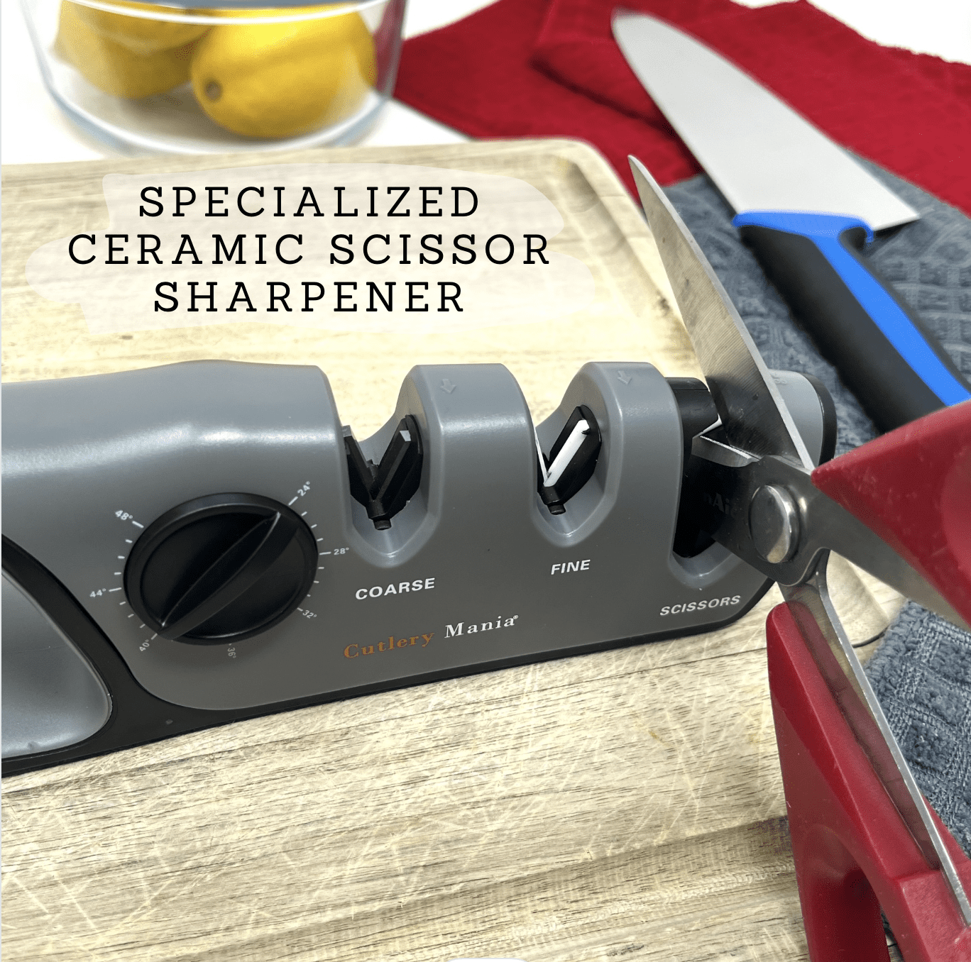 Cutlery Mania Adjustable Angle Kitchen Knife & Scissor Sharpener | Dual Stage Sharpening System | Tungsten Steel, Diamond and Ceramic Sharpeners