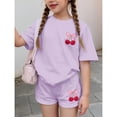 thumbnail image 5 of CCRFTGI Girls' Clothing Sets Summer Outfits Size 10-12 Cute Two Piece Outfits Athletic Bow Cherry Print Short Sleeve T Shirt and Elastic Waist Shorts Clothing Sets Purple Pink 2-3 Years, 5 of 7