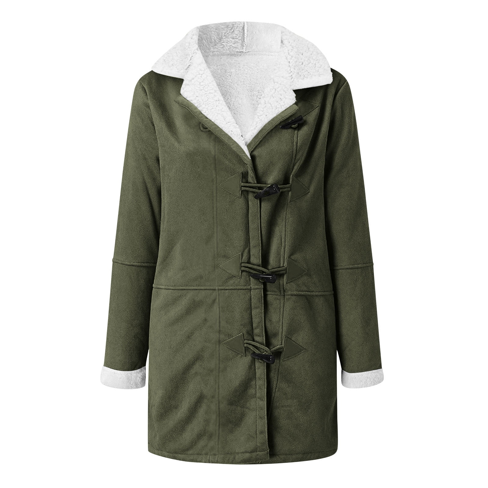 Womens Fleece Lined Jackets No Hood, Notched Collar Long Sleeve Winter Warm Pea Coats with Pockets Toggle Closure