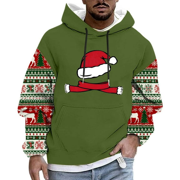 Mens Christmas Hoodie Funny Reindeer Print Pullover Plus Size Vintage Aztec Graphic Sweatshirt