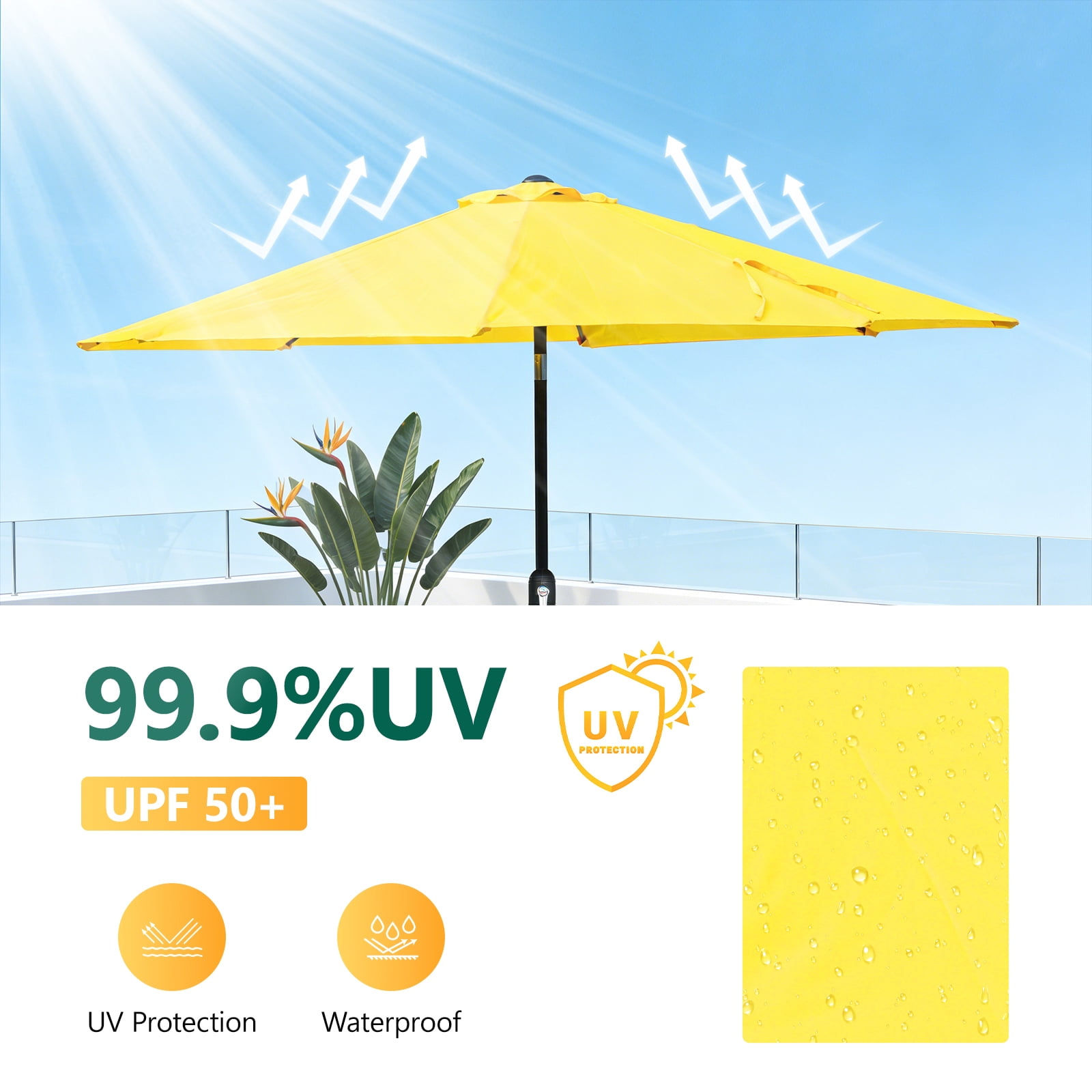 HaiCube 9FT Patio Umbrella -Acrylic Fabric, 10-Year Fade-Resistant, 1.5" Heavy Duty Steel Pole, 8 Ribs, Push Button Tilt & Crank, UV Block for Garden Deck Pool, Yellow