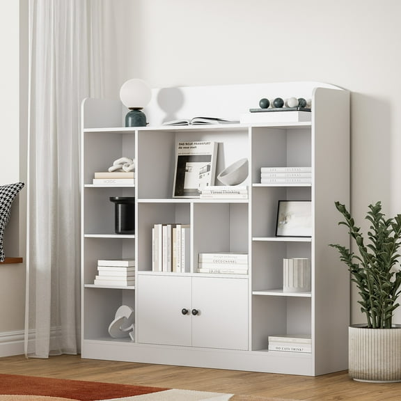 DIYART Cubbies Kids Bookshelf, Kids Bookcase with 11 Cubbies and 2 Cabinets, Freestanding Book Storage Shelves for Livingroom , Playroom, White