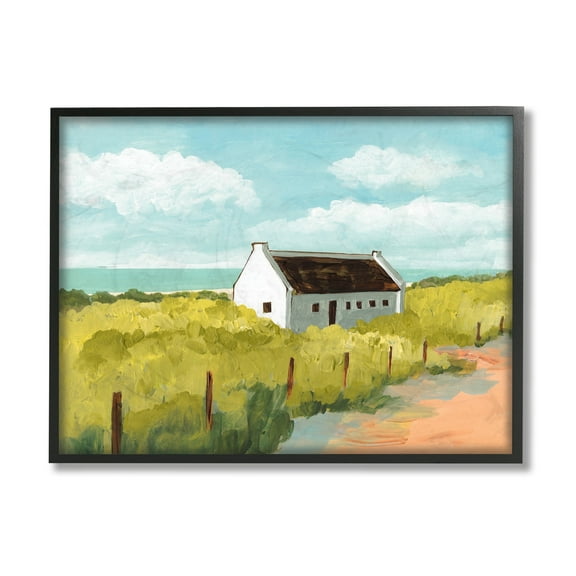 Stupell Industries White Cabin Architecture Grassy Coastal Beach Landscape Landscape Painting Black Framed Art Print Wall Art, 11 x 14