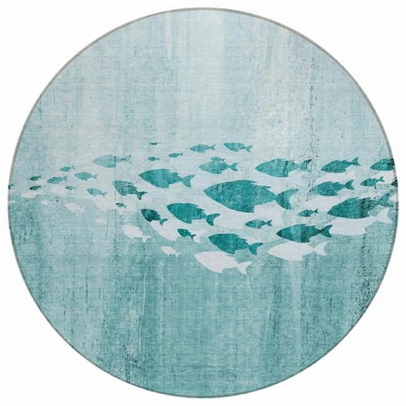 HomeRoots 579182 8 ft. Round Nautical Washable Indoor & Outdoor Area Rug, Teal Blue, Aqua & Ivory