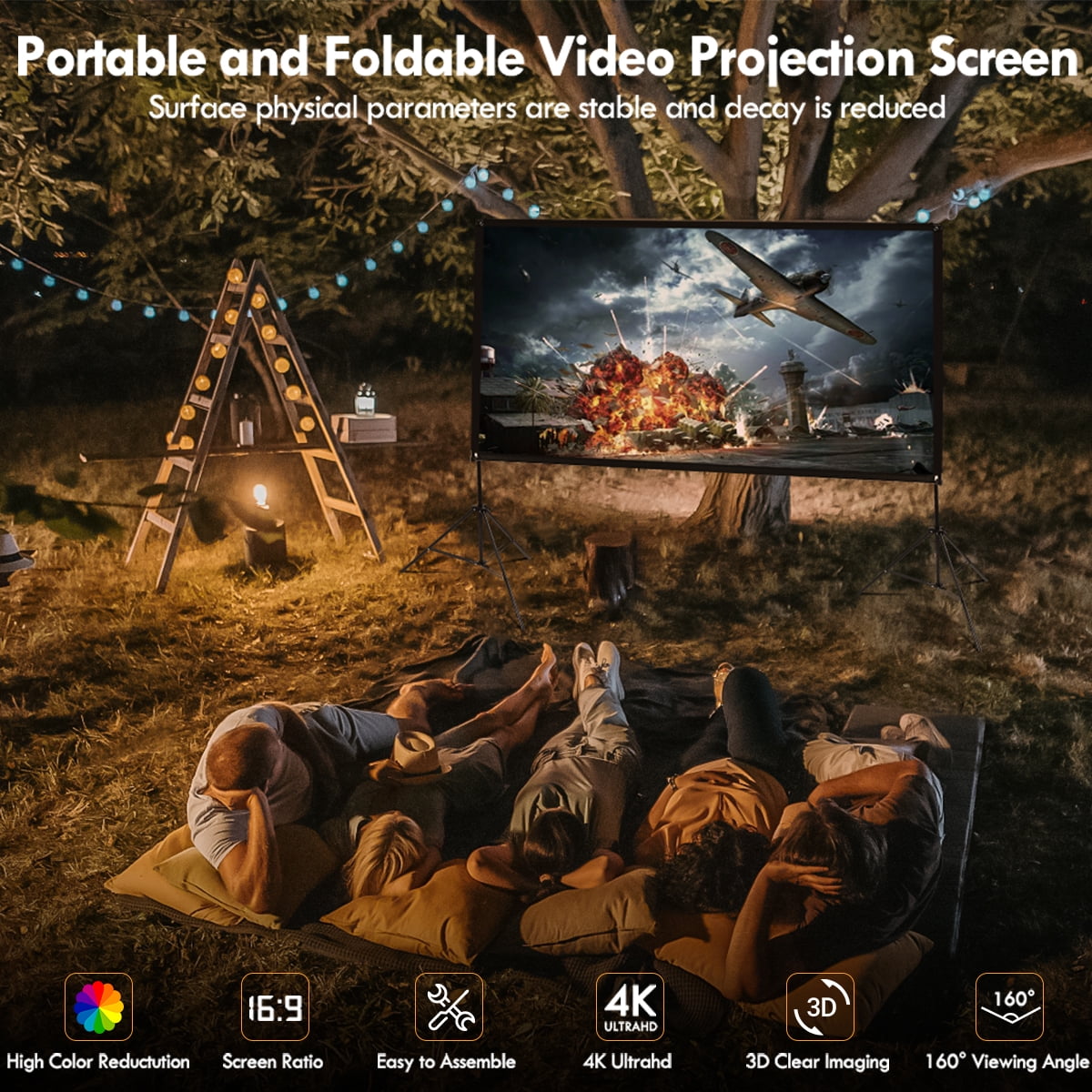Outdoor Projector Screen with Stand, 100 inch 4K HD 16:9 Portable Movie Screen Wrinkle-Free Projection Screen with Carry Bag for Home Theater Movies Night