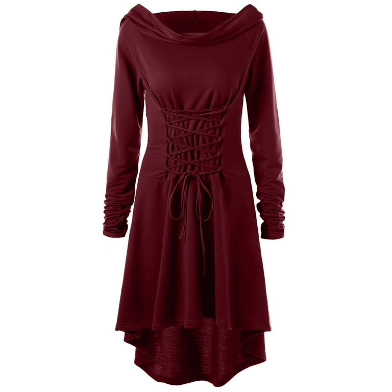 Women s Gothic Pullover Hoodie Dress with Thumb Hole Long Sleeve Lace up Front High Low Cloak Robe Short Hooded Dress