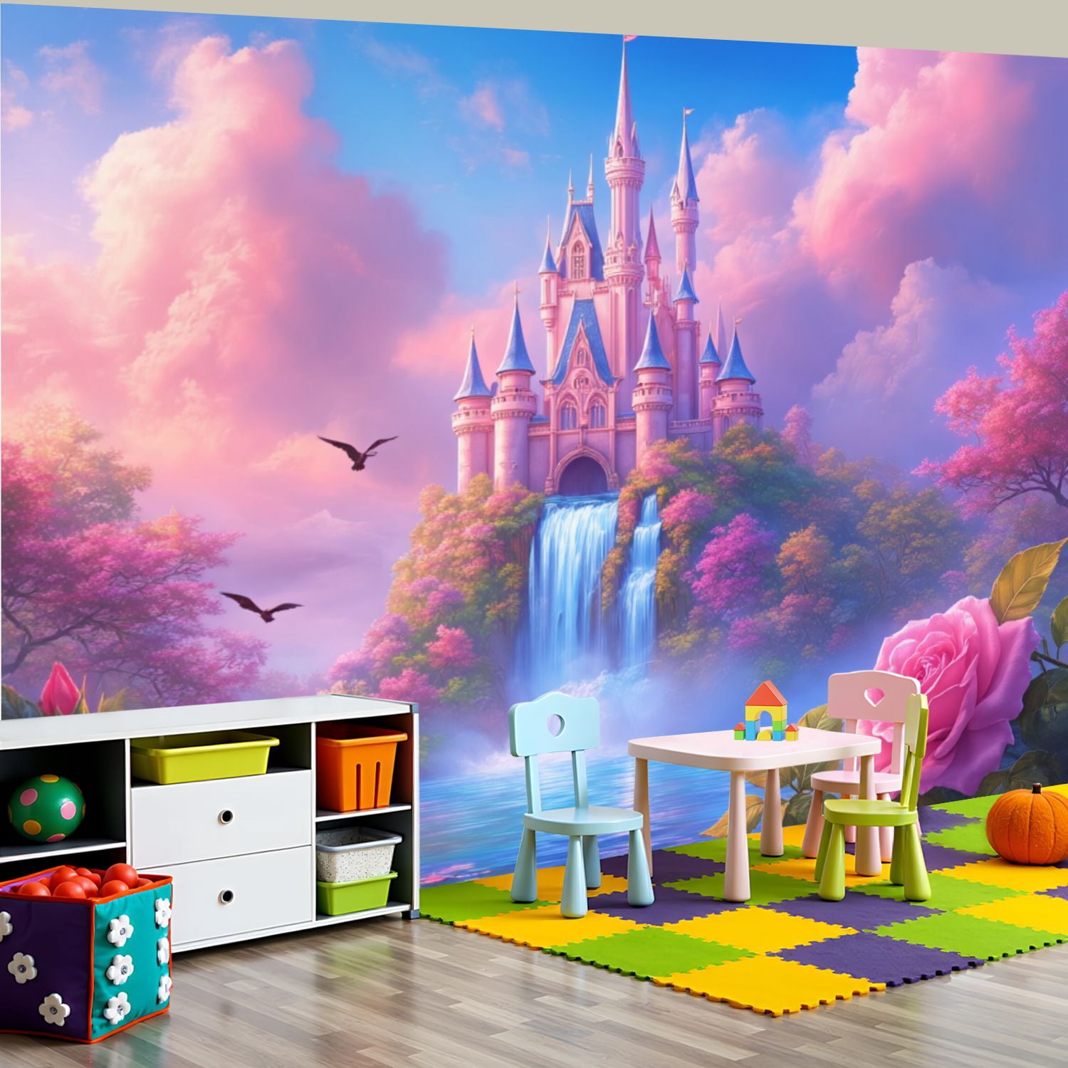 100"x144" Wall Mural Peel and Stick Wallpaper Fantasy Castle Waterfall Pink Clouds Dreamy Landscape Wall Decor Self Adhesive Removable Wall Stickers for Bedroom Living Room