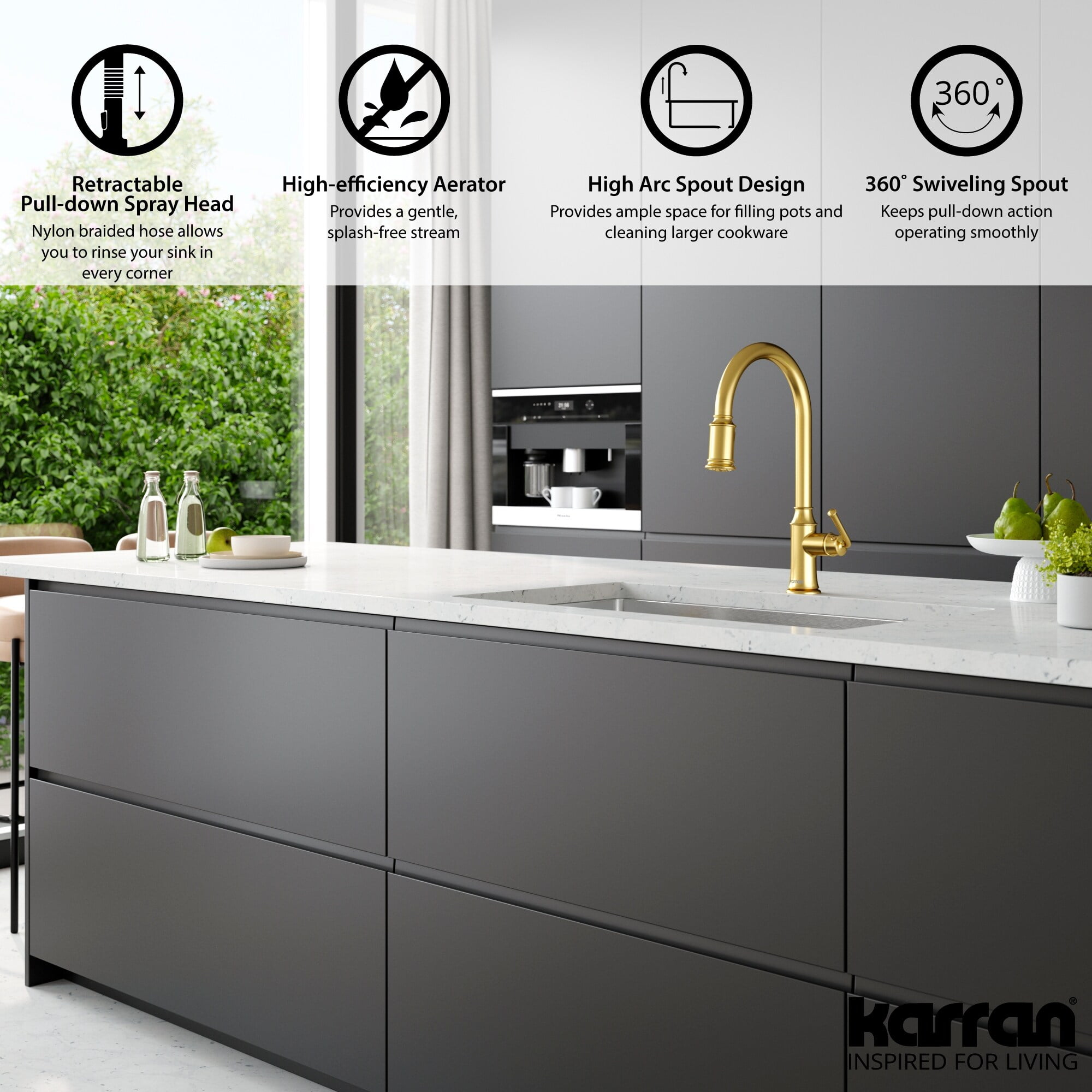 Karran  Auburn One-Handle Pull Down Dual Function Sprayer Kitchen Faucet Brushed Gold Brushed