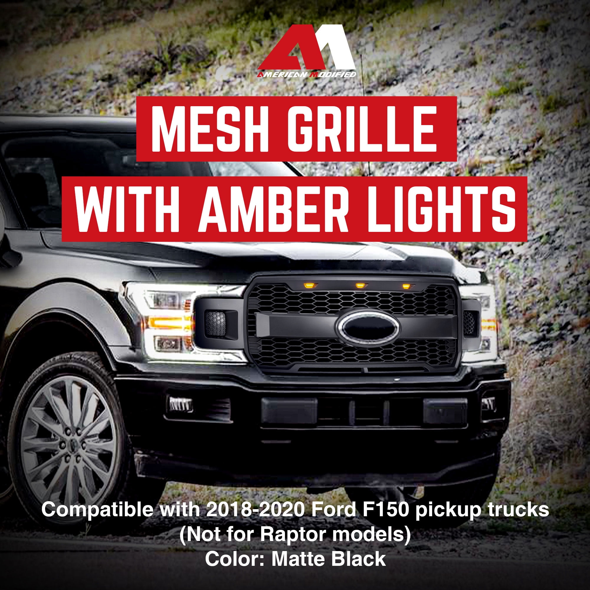 AMERICAN MODIFIED Raptor Style Mesh Grille for 18-20 Ford F150, Matte Black