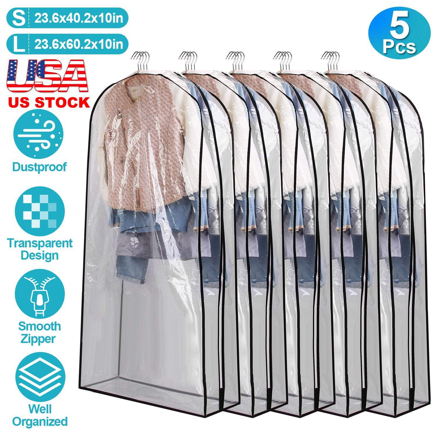 5 Pack 60In Garment Bag for Hanging Clothes