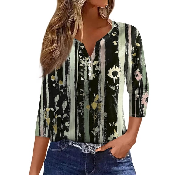WTOBBY Women's Henley Neck Ribbed Knit Top Floral Print 3/4 Sleeve Button-Down Tunic Casual V-Neck T-Shirt Relaxed Fit Comfortable Wear,Black L