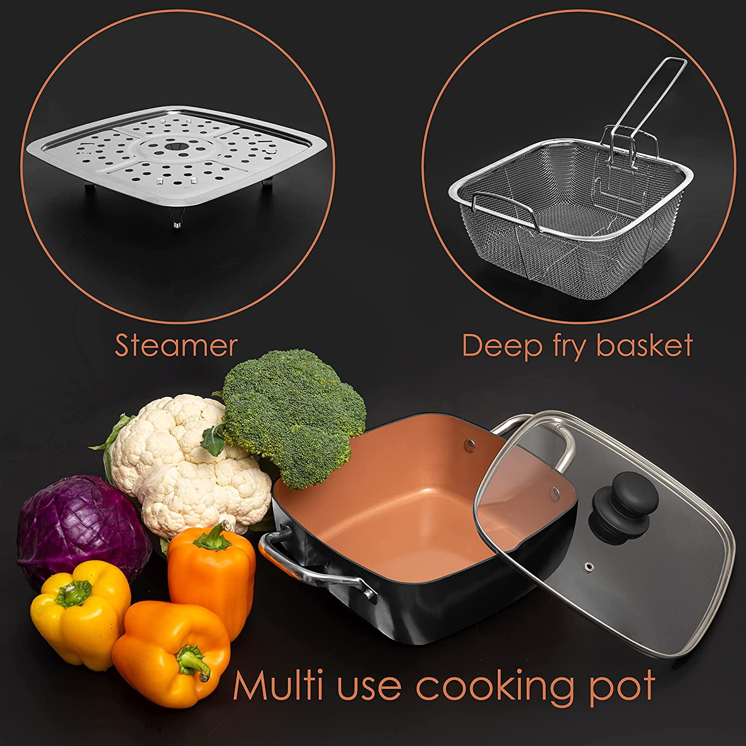 Moss & Stone Copper 5 Piece Set Chef Cookware, 9.5” Non Stick Pan, Deep Square Pan, Fry Basket, Steamer Tray, Dishwasher & Oven Safe, 5 Quart Copper Pot Set, Black Induction Cookware Set