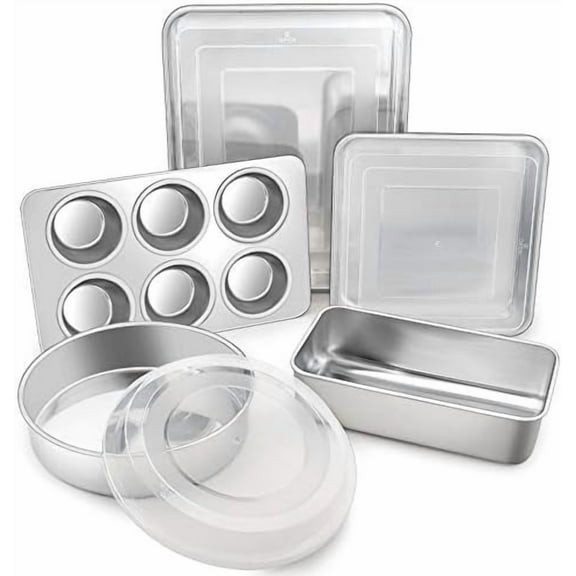 Stainless Steel Bakeware Set of 8, Baking Roasting Pan Set with Lid, Lasagna Pan with lid, Square & Round Cake Pan, Loaf Pan & Muffin Pan, Healthy & Sturdy, Dishwasher Safe & Smooth