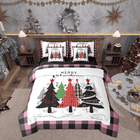 jejeloiu Cartoon Christmas Tree Twin Bedding Sets 7-Piece,Pinkue Geometric Grid Bedding Comforter Set,Xmas Theme Sheet Sets,Microfiber Room Decor Reversible