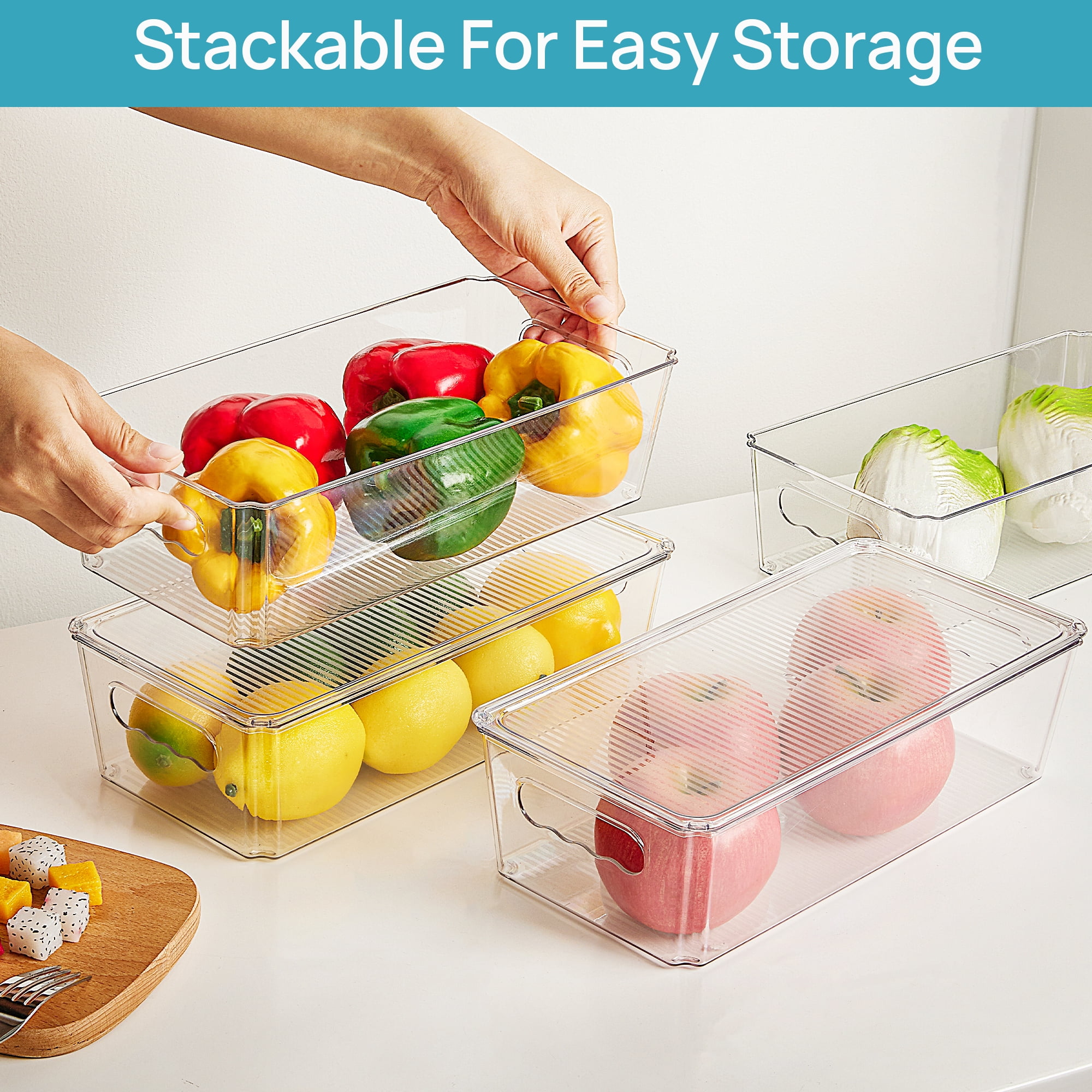 Sindcom 6pcs Clear Organizers Bins with Lids, Stackable Plastic Storage Containers with Handles