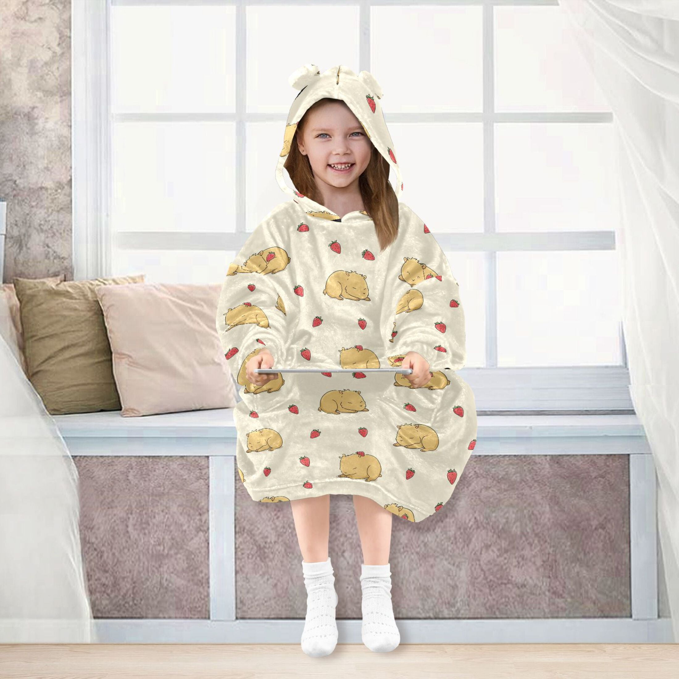 Wearable Blanket Hoodie for Kids Cute Guinea Pig and Strawberry Flannel Hooded Blanket with Pockets and Sleeves Suitable for Boys and Girls