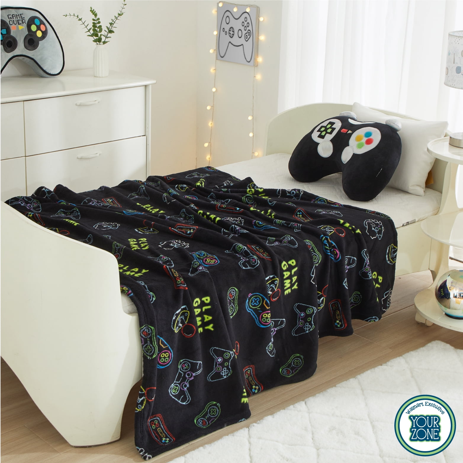 Your Zone Huggable Gamer Pillow and Throw Set, Black, 16 in Pillow, 50 in x 60 in Throw