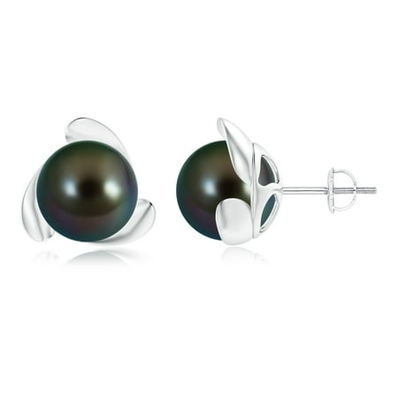 10mm Black Tahitian Pearl Earring - June Birthstone Earrings - Tahitian Cultured Pearl Flower Stud Earrings in 14K White Gold (10mm Tahitian Cultured Pearl)- SE1232THPR-WG-AAAA-10