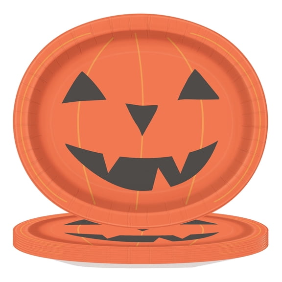 Smiling Pumpkins Oval Disposable Paper Plates, Orange and Black, 12" x 10", 8 Count, Halloween by Way To Celebrate