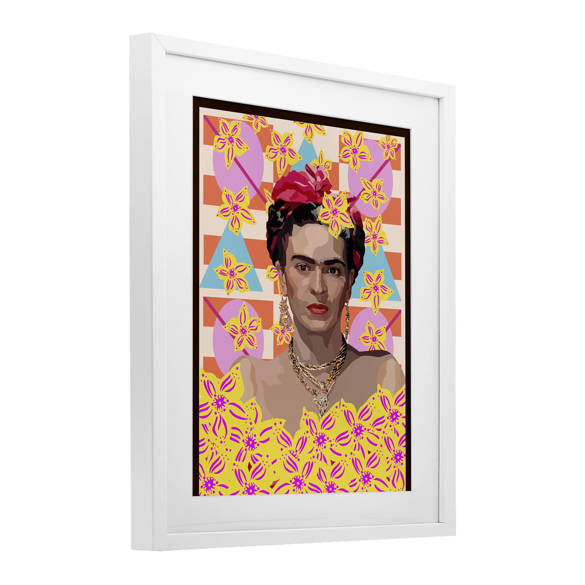Frida's Floral Journey White Framed Print Under Glass, design by Lynnda Rakos